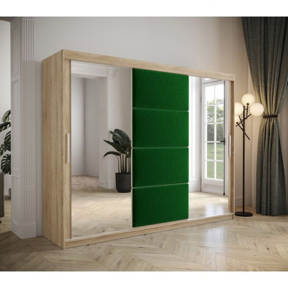 Veneti Šatníková skriňa s posuvnými dverami 250 cm TALIA - dub sonoma / zelená
