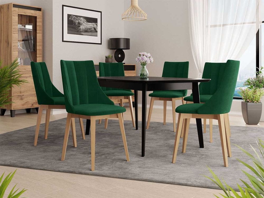 Veneti Rozkladací jedálenský stôl so 6 stoličkami NOWEN 2 - čierny / prírodné drevo / zelený