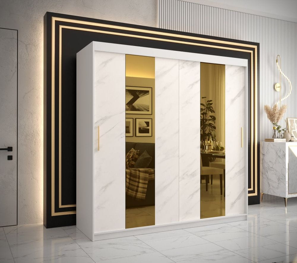 Veneti Dizajnová šatníková skriňa so zlatým zrkadlom MADLA 4 - šírka 200 cm, biela
