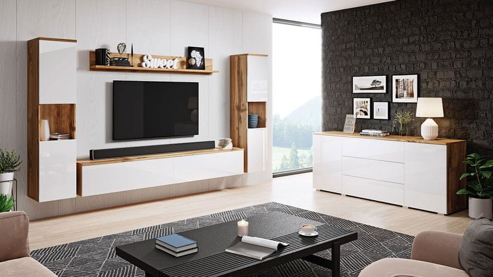 Veneti Nábytok do obývacej izby ROSARIO XL - dub wotan / lesklý biely
