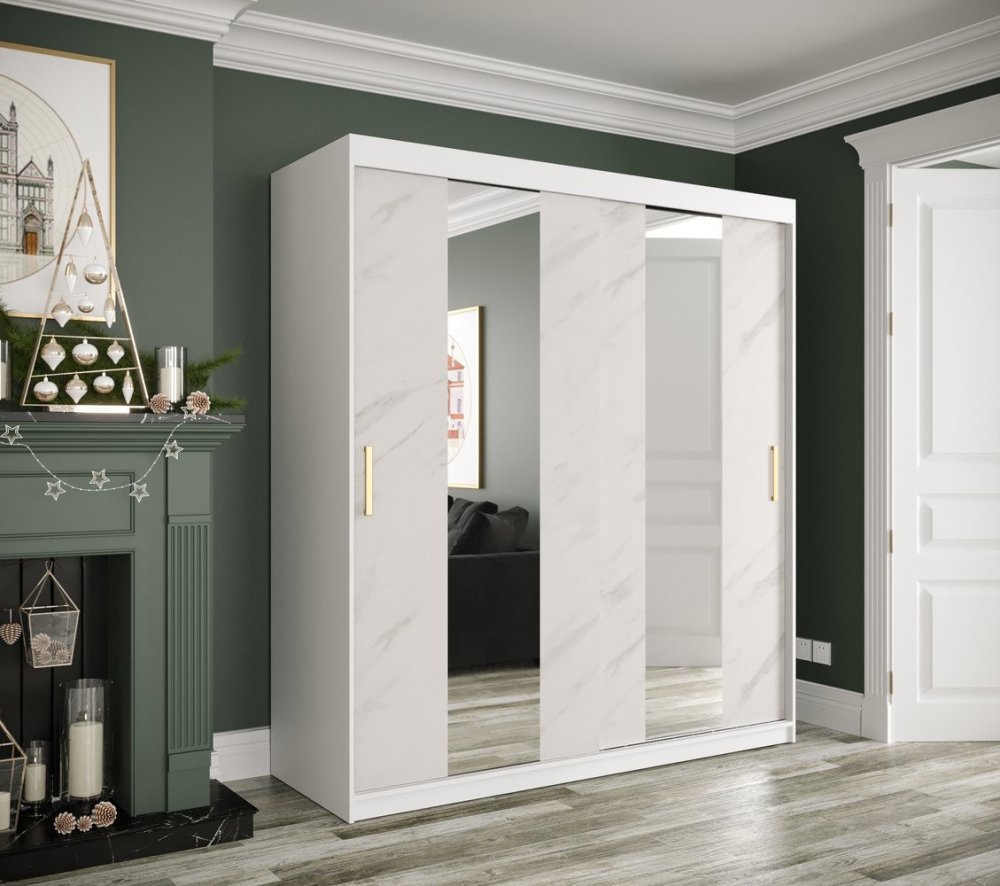 Veneti Šatníková skriňa s posuvnými dverami a zrkadlami MAREILLE 4 - šírka 180 cm, biela / biely mramor
