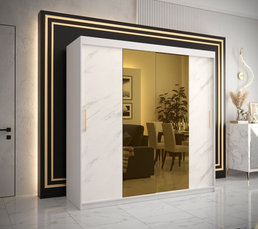 Veneti Dizajnová šatníková skriňa so zlatým zrkadlom MADLA 1 - šírka 200 cm, biela