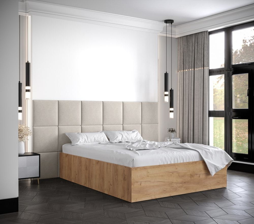 Veneti Manželská posteľ s čalúnenými panelmi MIA 4 - 160x200, dub zlatý, béžové panely
