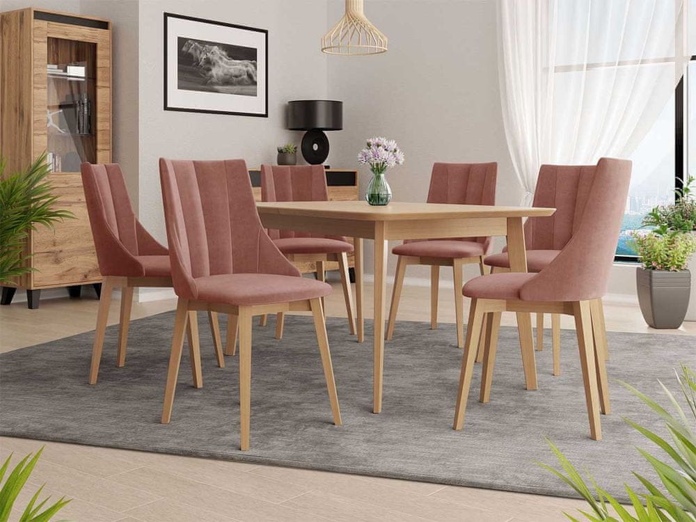 Veneti Rozkladací jedálenský stôl so 6 stoličkami NOWEN 2 - prírodné drevo / ružový