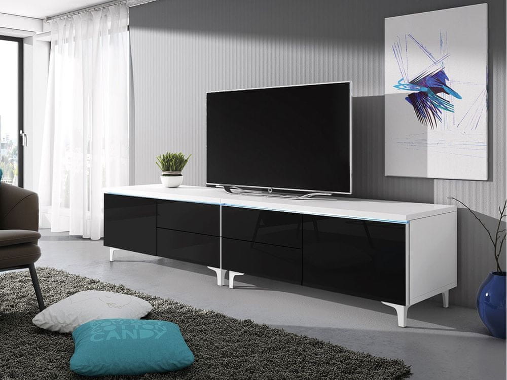 Veneti Televízny stolík na nožičkách s LED osvetlením FERNS 11 - biely / lesklý čierny