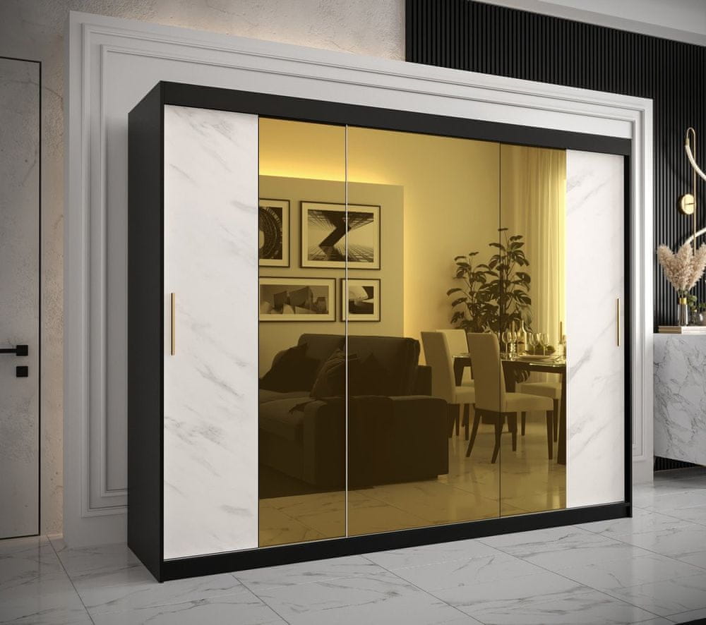 Veneti Dizajnová šatníková skriňa so zlatým zrkadlom MADLA 2 - šírka 250 cm, čierna / biela