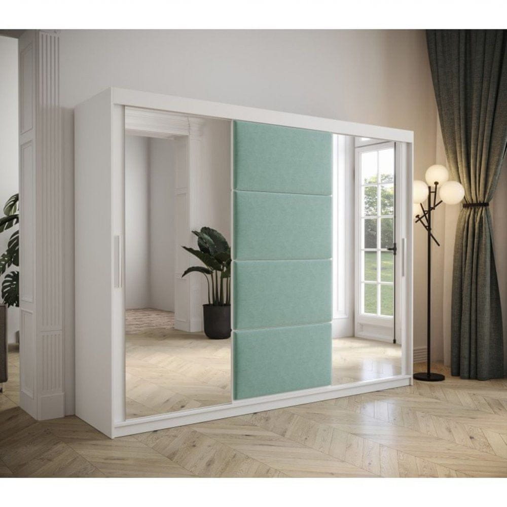 Veneti Šatníková skriňa s posuvnými dverami 250 cm TALIA - biela / tyrkysová
