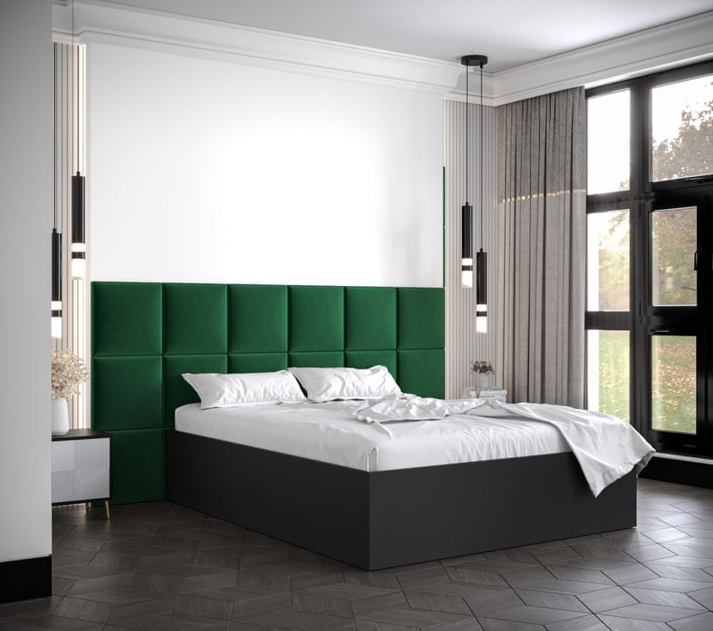Veneti Manželská posteľ s čalúnenými panelmi MIA 4 - 140x200, čierna, zelené panely