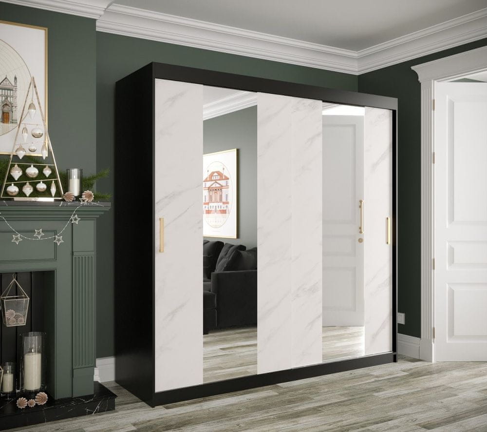 Veneti Šatníková skriňa s posuvnými dverami a zrkadlami MAREILLE 4 - šírka 200 cm, čierna / biely mramor