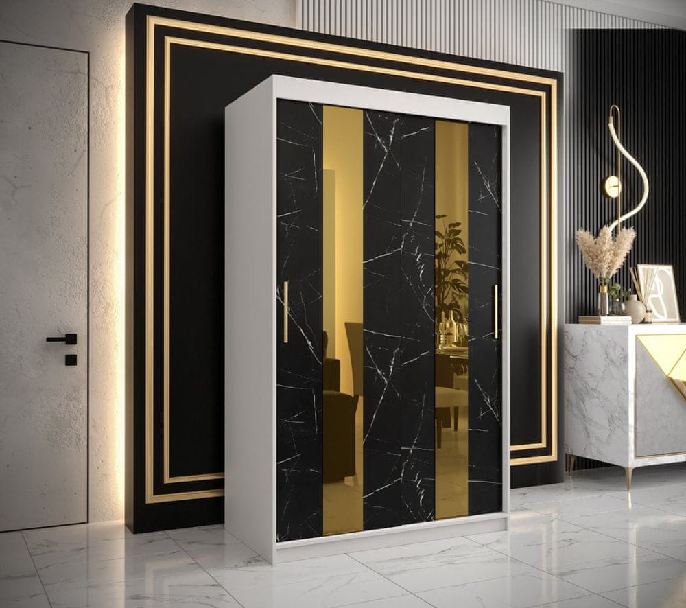Veneti Dizajnová šatníková skriňa so zlatým zrkadlom MADLA 4 - šírka 120 cm, biela / čierna