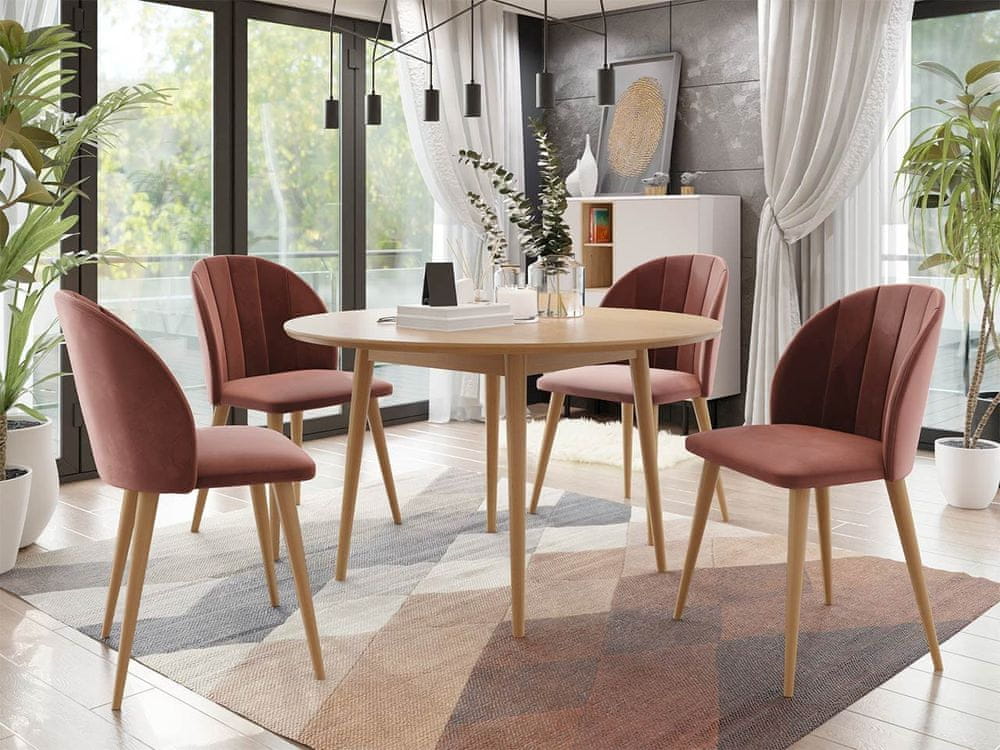 Veneti Okrúhly jedálenský stôl 120 cm so 4 stoličkami NOWEN 1 - prírodné drevo / ružový