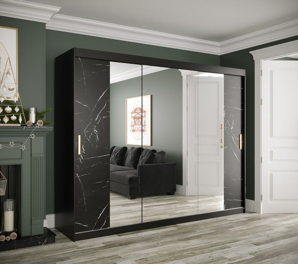 Veneti Zrkadlová skriňa s posuvnými dverami MAREILLE 3 - šírka 250 cm, čierna / čierny mramor