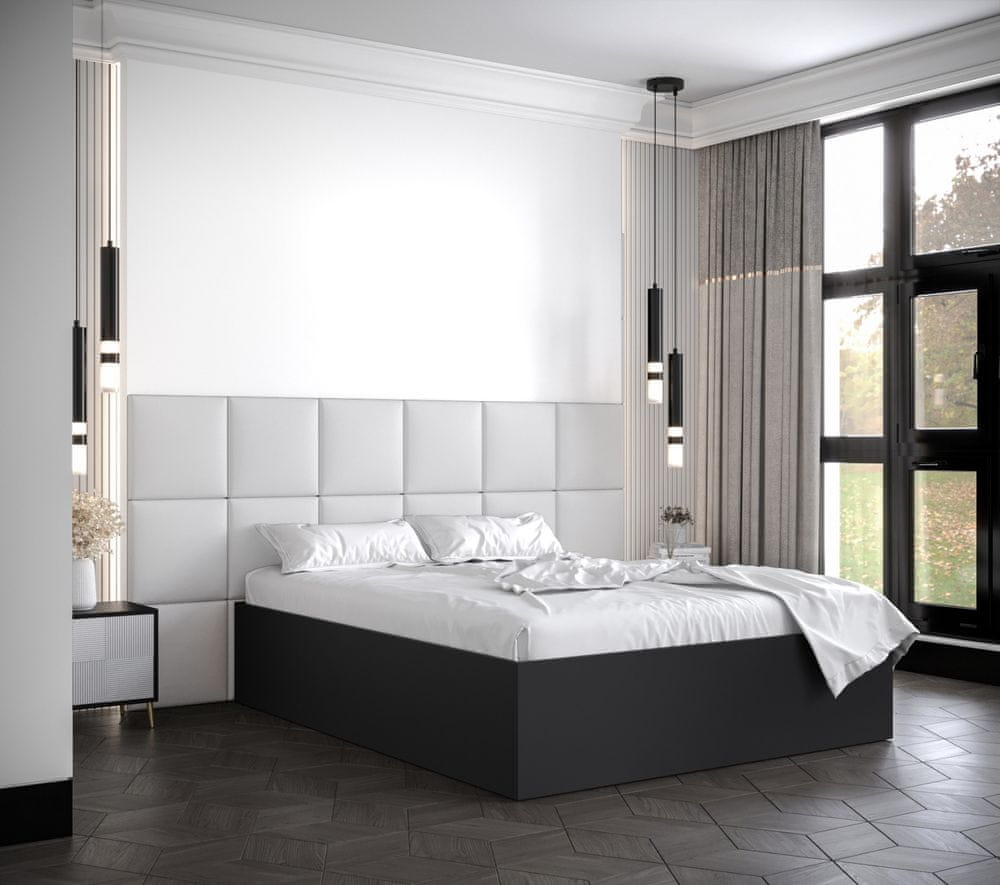Veneti Manželská posteľ s čalúnenými panelmi MIA 4 - 160x200, čierna, biele panely z ekokože