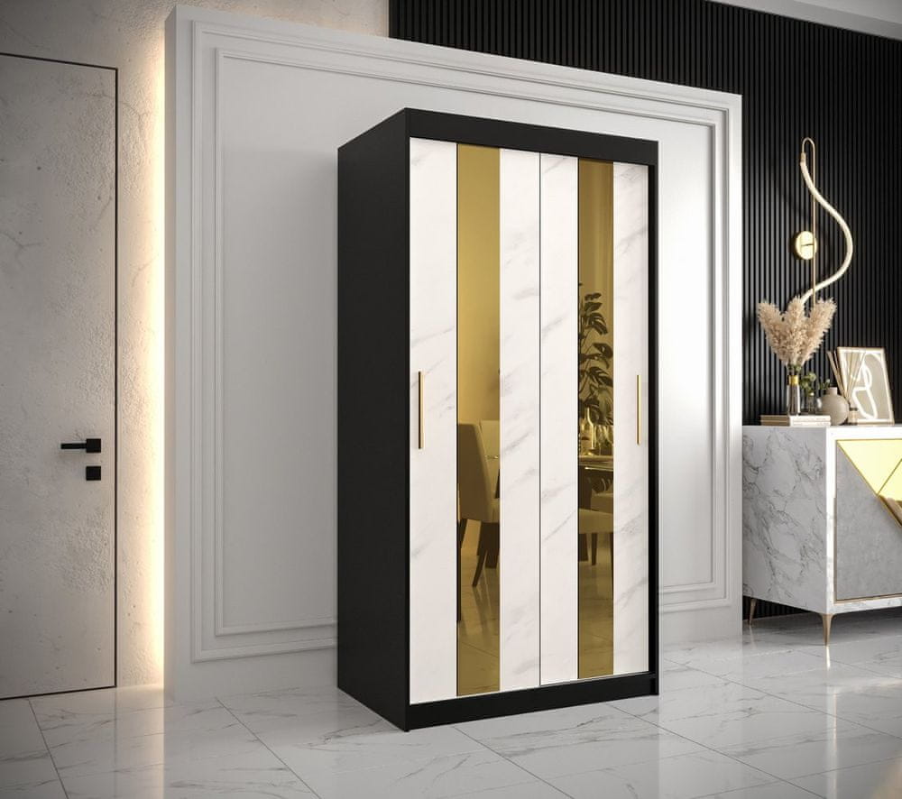 Veneti Dizajnová šatníková skriňa so zlatým zrkadlom MADLA 4 - šírka 100 cm, čierna / biela