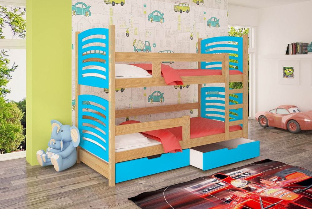 Veneti Poschodová posteľ s úložným priestorom KALA 2 - 75x180, borovica / modrá