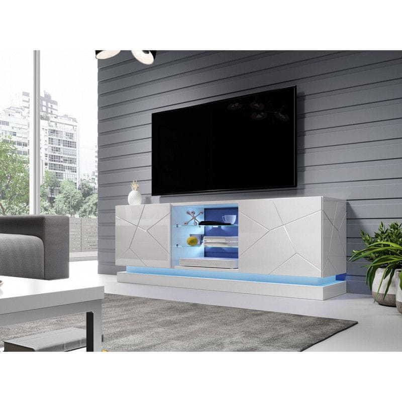 Veneti Televízny stolík s LED RGB osvetlením 160 cm LIMA - biely / lesklý biely