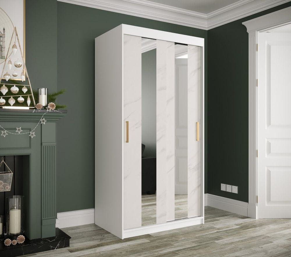 Veneti Šatníková skriňa s posuvnými dverami a zrkadlami MAREILLE 4 - šírka 100 cm, biela / biely mramor