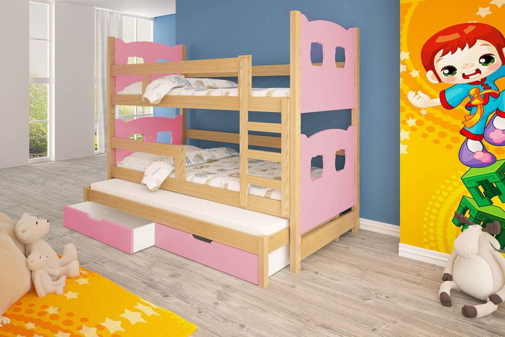 Veneti Detská poschodová posteľ pre troch KALA 1 - 75x180, borovica / ružová