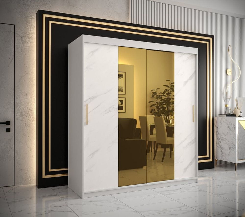 Veneti Dizajnová šatníková skriňa so zlatým zrkadlom MADLA 1 - šírka 180 cm, biela