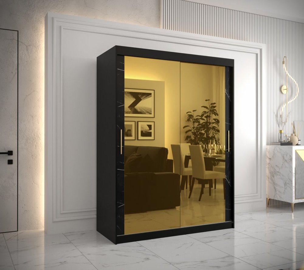 Veneti Dizajnová šatníková skriňa so zlatým zrkadlom MADLA 3 - šírka 150 cm, čierna