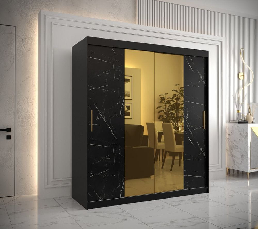 Veneti Dizajnová šatníková skriňa so zlatým zrkadlom MADLA 1 - šírka 180 cm, čierna