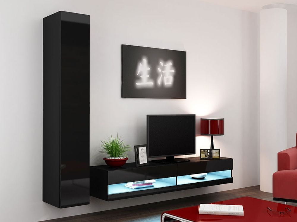 Veneti Stena do obývacej izby s LED bielym osvetlením ASHTON N9 - čierna / lesklá čierna