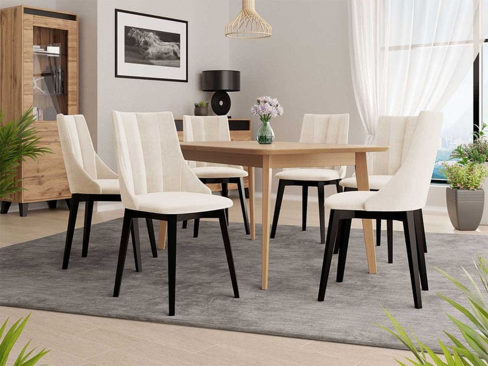 Veneti Rozkladací jedálenský stôl so 6 stoličkami NOWEN 2 - prírodné drevo / čierny / béžový