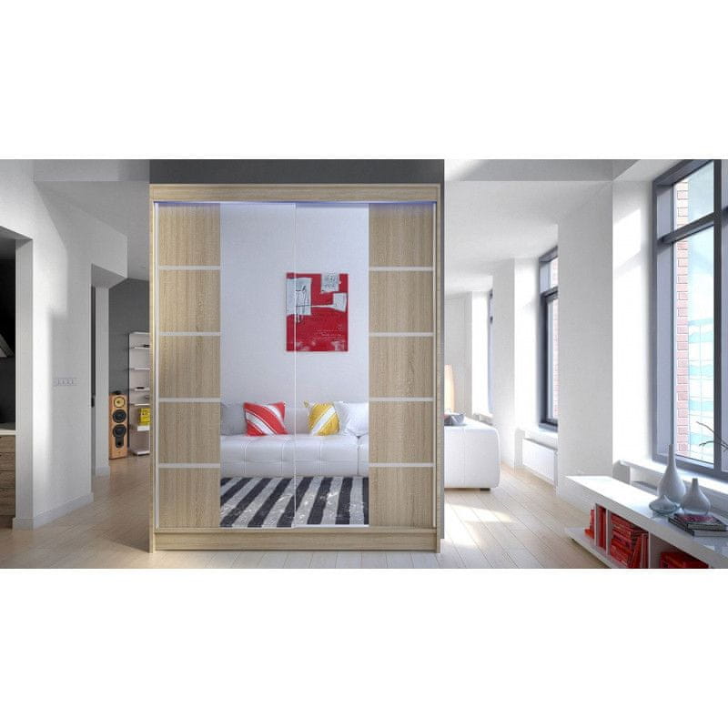 Veneti Zrkadlová šatníková skriňa 150 cm s posuvnými dverami a LED osvetlením PIRITU 5 - biela / dub sonoma