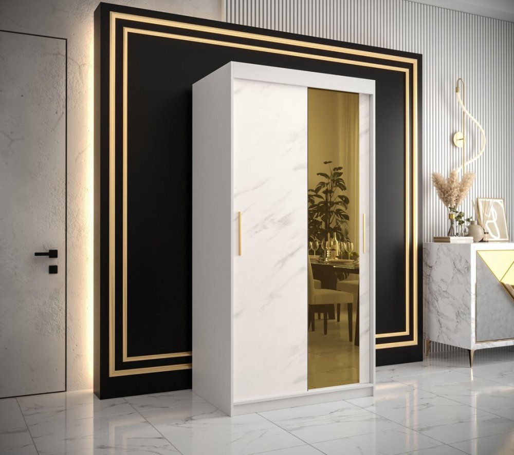 Veneti Dizajnová šatníková skriňa so zlatým zrkadlom MADLA 2 - šírka 100 cm, biela