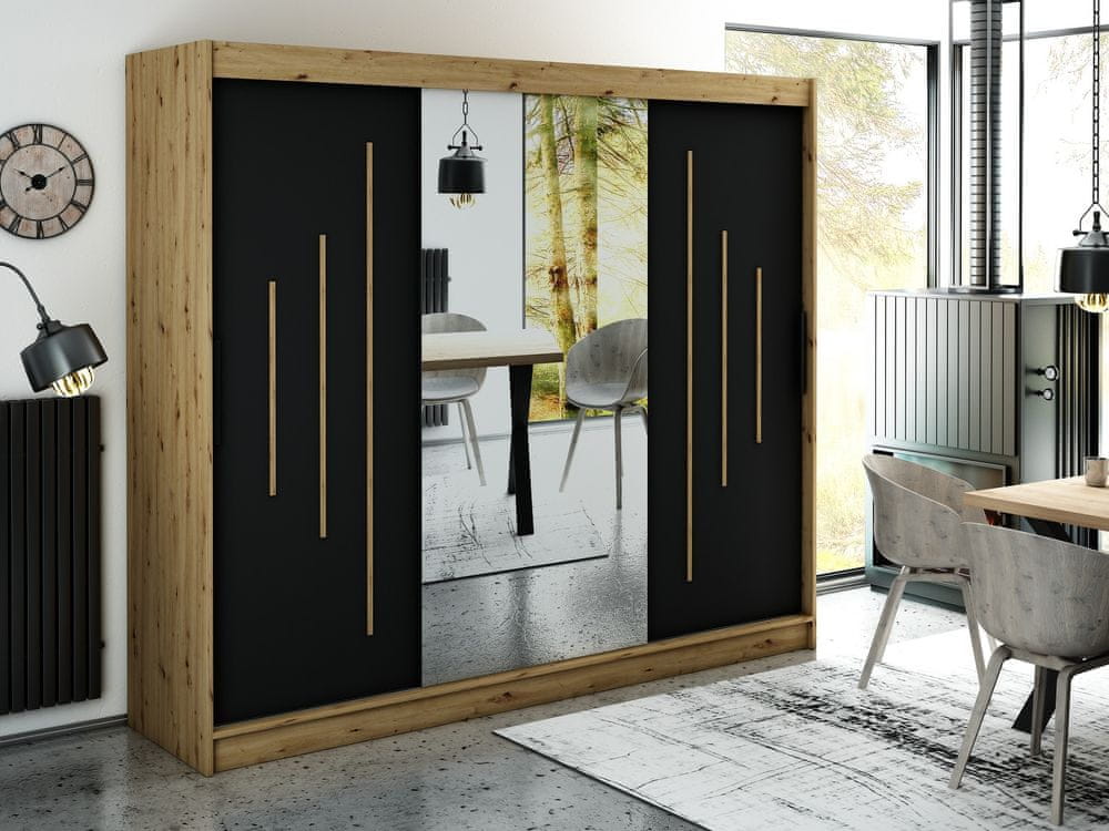 Veneti Zrkadlová skriňa s posuvnými dverami LURDES 8 - šírka 250 cm, dub artisan / čierna