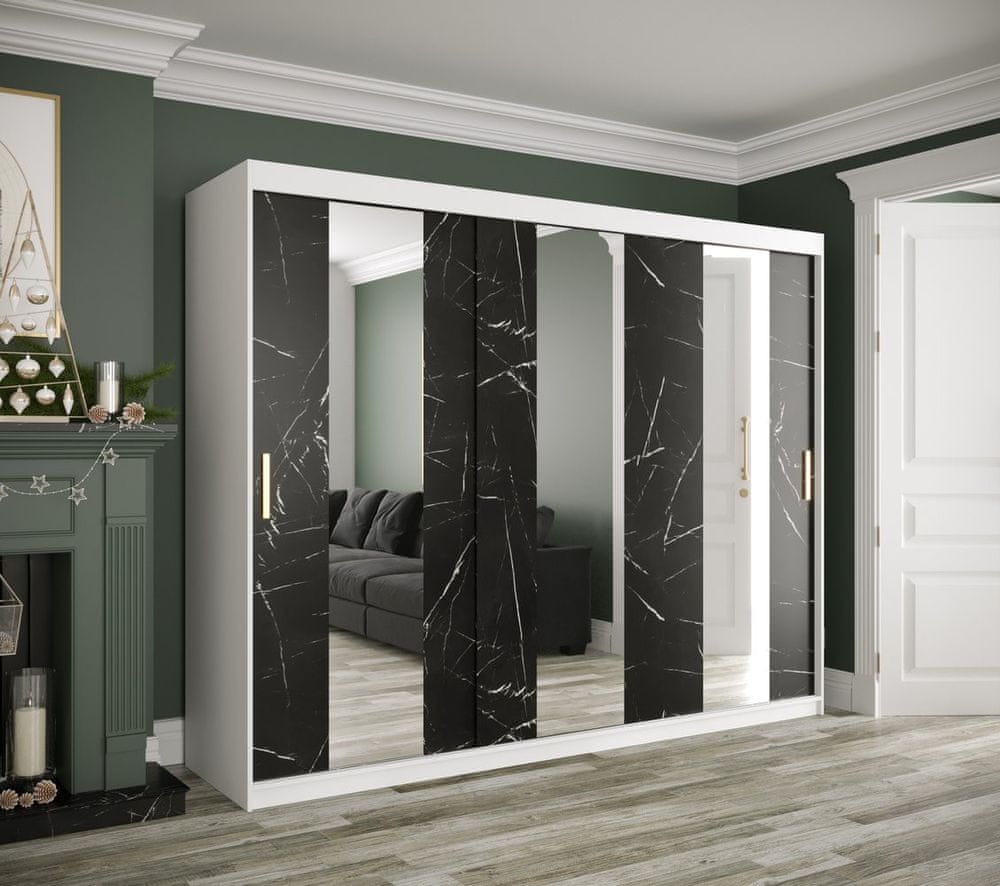 Veneti Šatníková skriňa s posuvnými dverami a zrkadlami MAREILLE 4 - šírka 250 cm, biela / čierny mramor