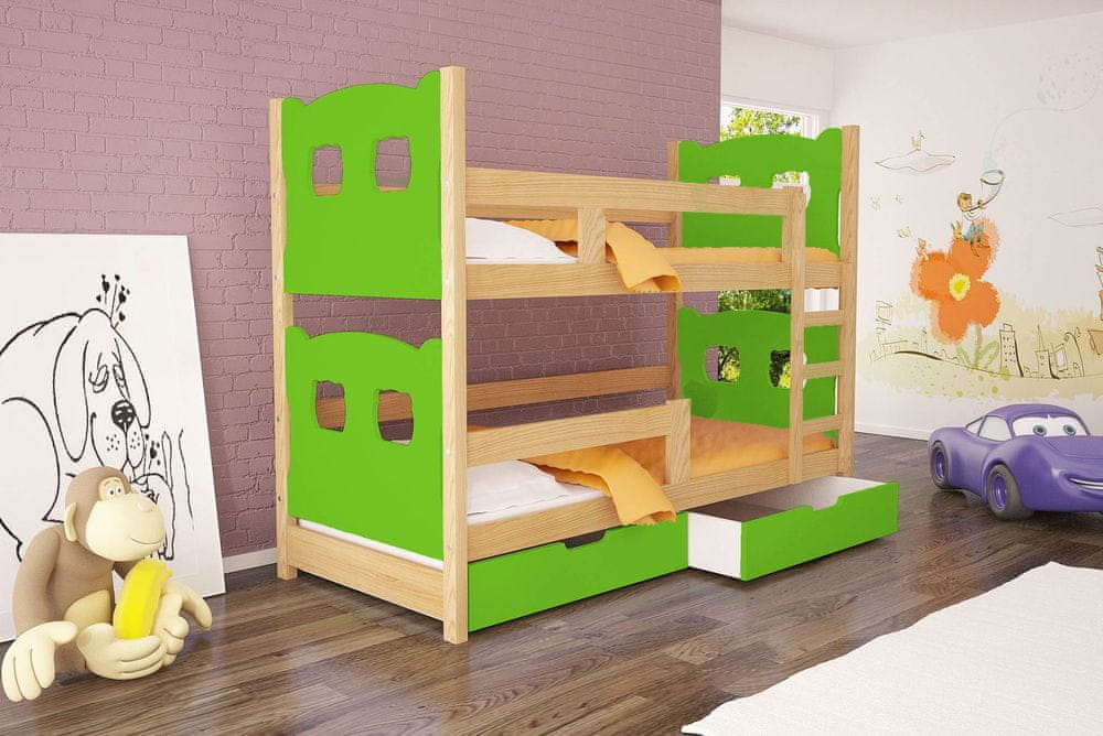 Veneti Poschodová posteľ s úložným priestorom KALA 1 - 75x180, borovica / zelená