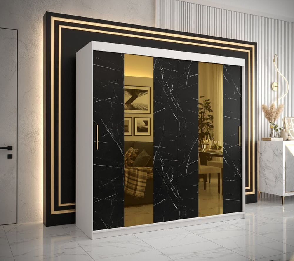 Veneti Dizajnová šatníková skriňa so zlatým zrkadlom MADLA 4 - šírka 200 cm, biela / čierna