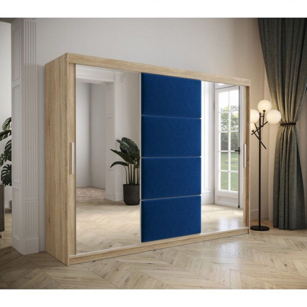 Veneti Šatníková skriňa s posuvnými dverami 250 cm TALIA - dub sonoma / modrá