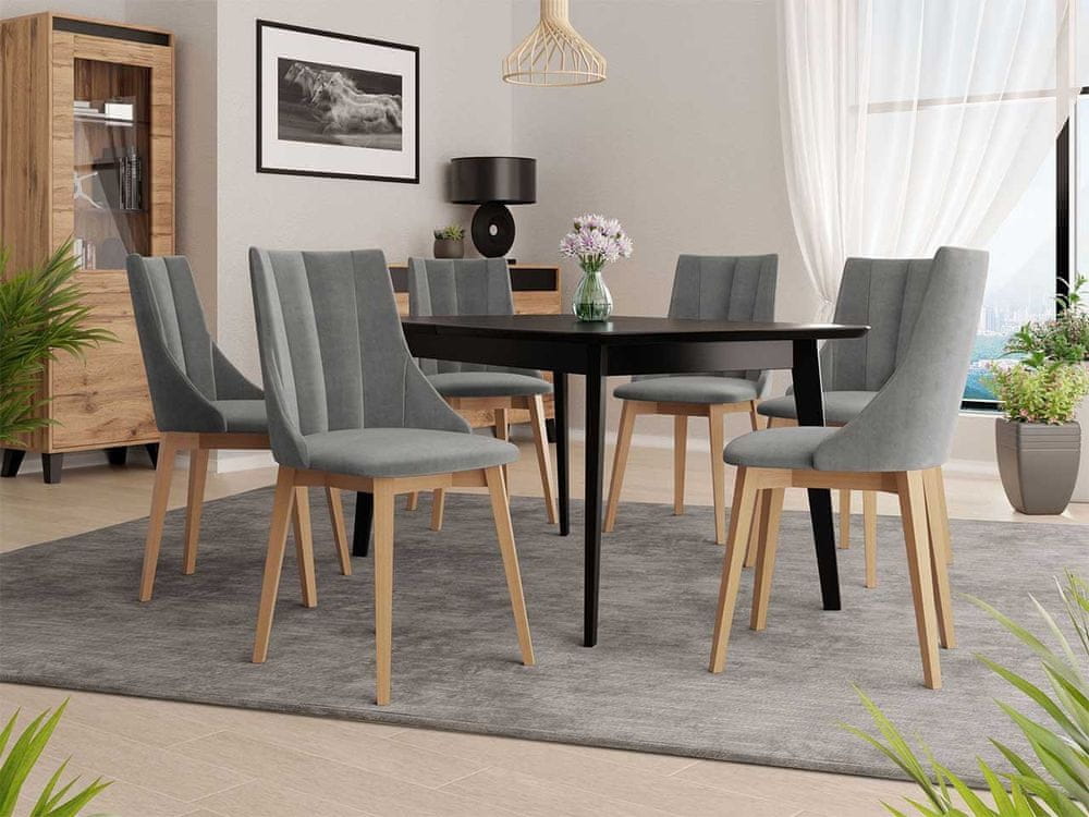 Veneti Rozkladací jedálenský stôl so 6 stoličkami NOWEN 2 - čierny / prírodné drevo / šedý