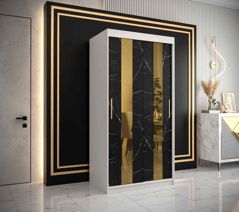 Veneti Dizajnová šatníková skriňa so zlatým zrkadlom MADLA 4 - šírka 100 cm, biela / čierna