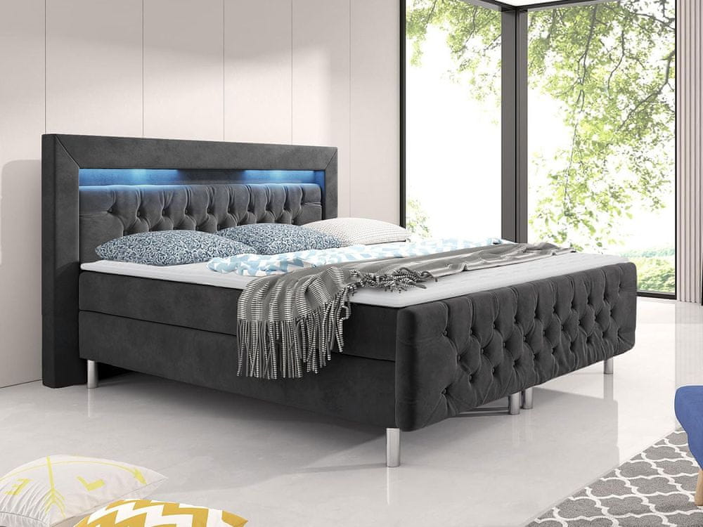 Veneti Boxspringová manželská posteľ s LED osvetlením 180x200 DELBIN - šedá + topper ZDARMA