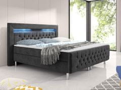 Veneti Boxspringová manželská posteľ s LED osvetlením 160x200 DELBIN - šedá + topper ZDARMA