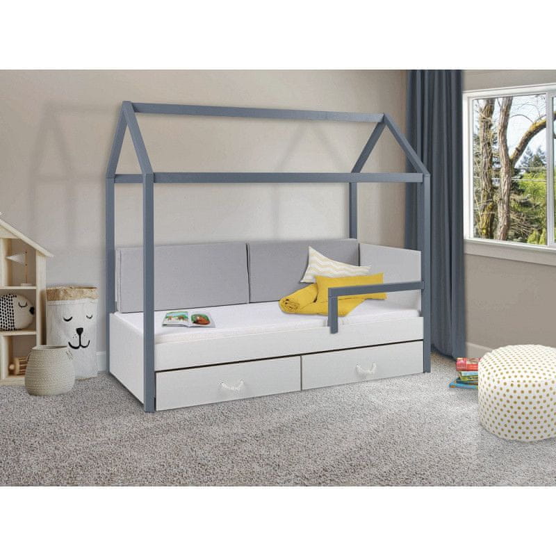 Veneti Detská posteľ domček so zábranou 80x180 SONTRA 2 - biela / grafitová