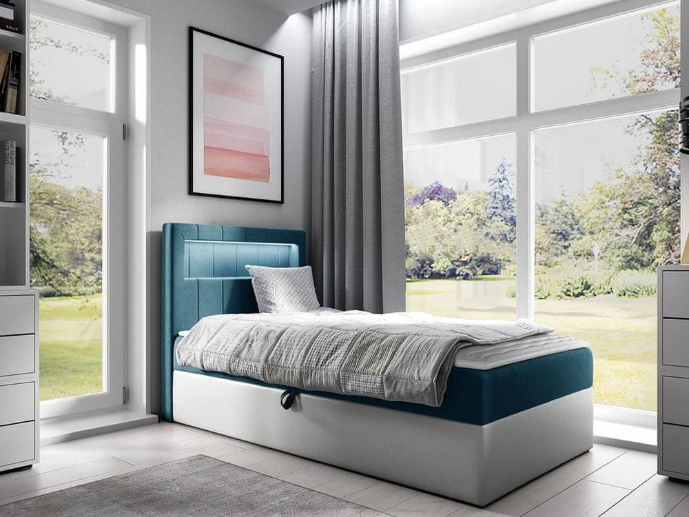 Veneti Kontinentálna jednolôžková posteľ 100x200 RAMIRA 1 - biela ekokoža / modrá 2, ľavé prevedenie + topper ZDARMA