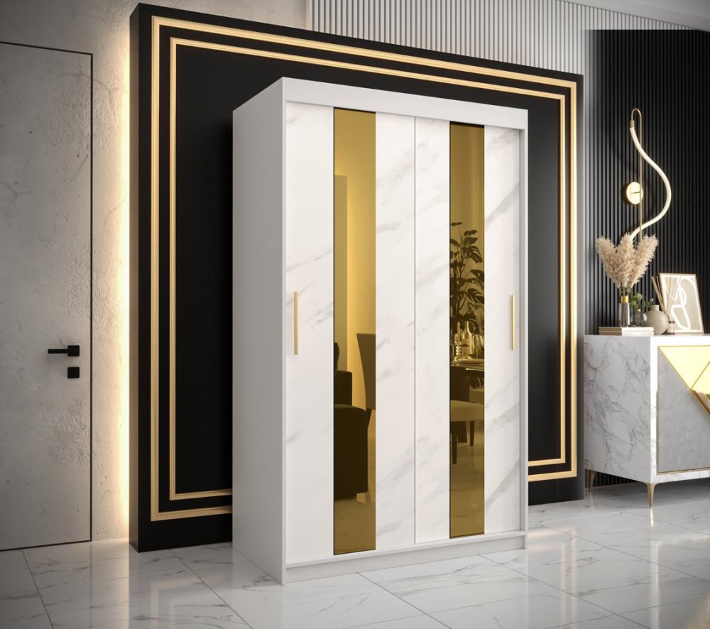 Veneti Dizajnová šatníková skriňa so zlatým zrkadlom MADLA 4 - šírka 120 cm, biela