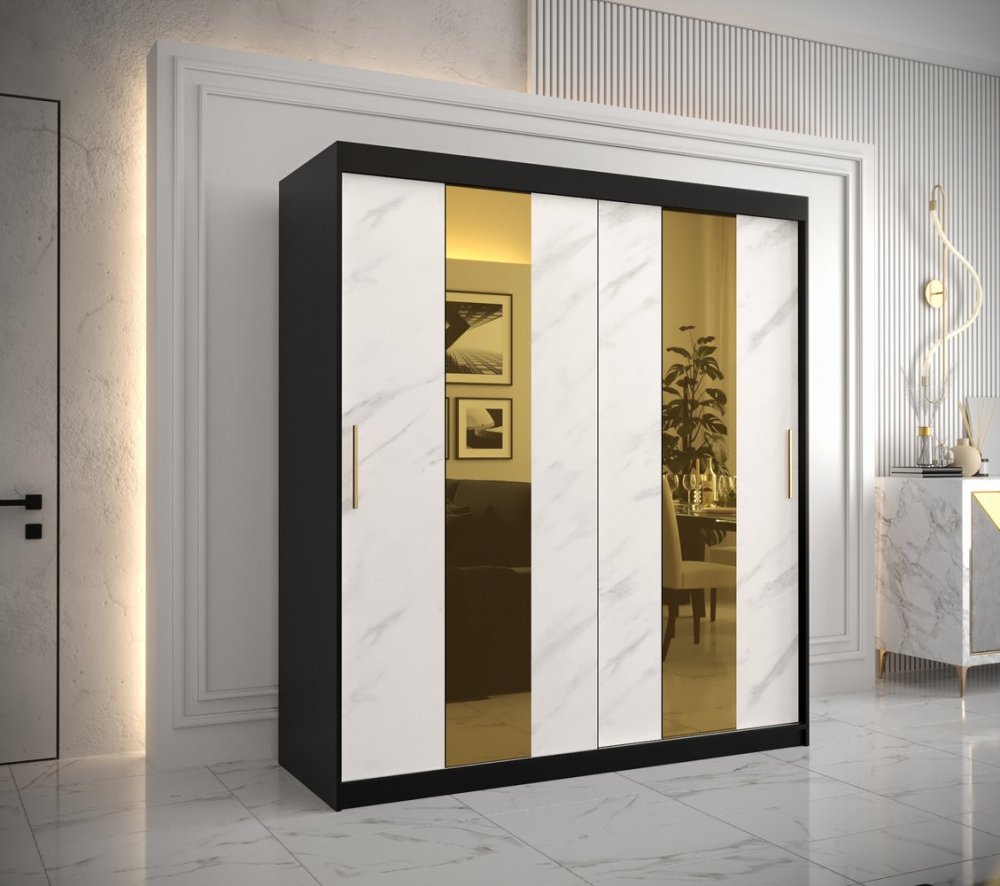 Veneti Dizajnová šatníková skriňa so zlatým zrkadlom MADLA 4 - šírka 180 cm, čierna / biela