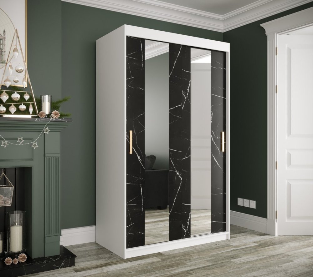 Veneti Šatníková skriňa s posuvnými dverami a zrkadlami MAREILLE 4 - šírka 120 cm, biela / čierny mramor