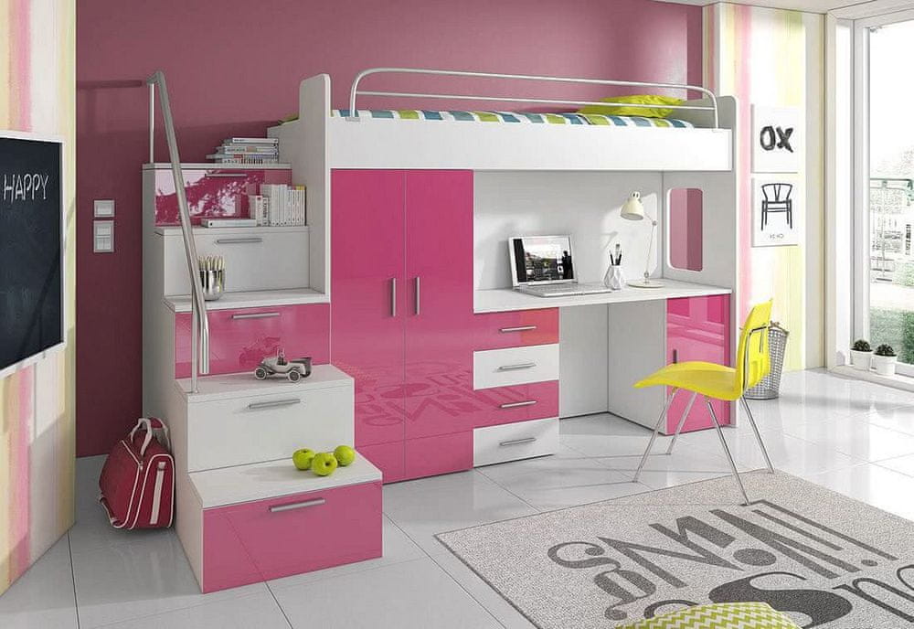 Veneti Detská poschodová posteľ s písacím stolom RENI 4 - 80x200, biela / ružová