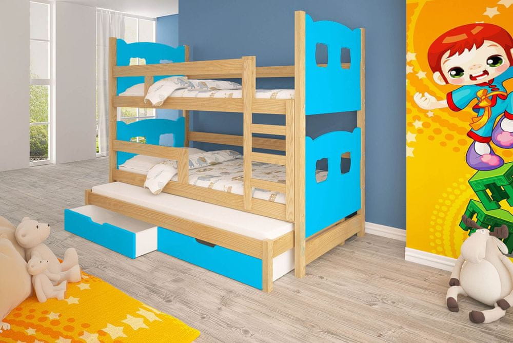 Veneti Detská poschodová posteľ pre troch KALA 1 - 75x180, borovica / modrá