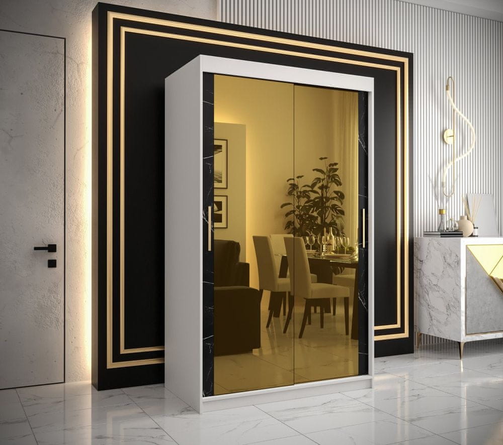 Veneti Dizajnová šatníková skriňa so zlatým zrkadlom MADLA 3 - šírka 120 cm, biela / čierna