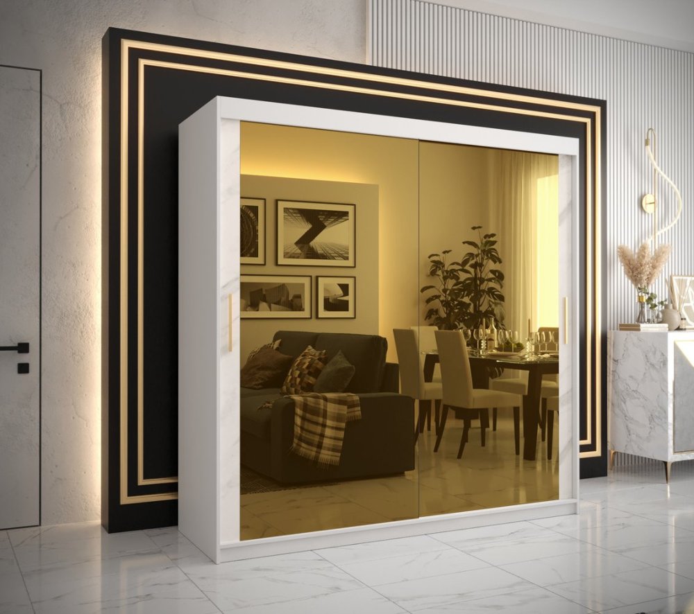 Veneti Dizajnová šatníková skriňa so zlatým zrkadlom MADLA 3 - šírka 200 cm, biela