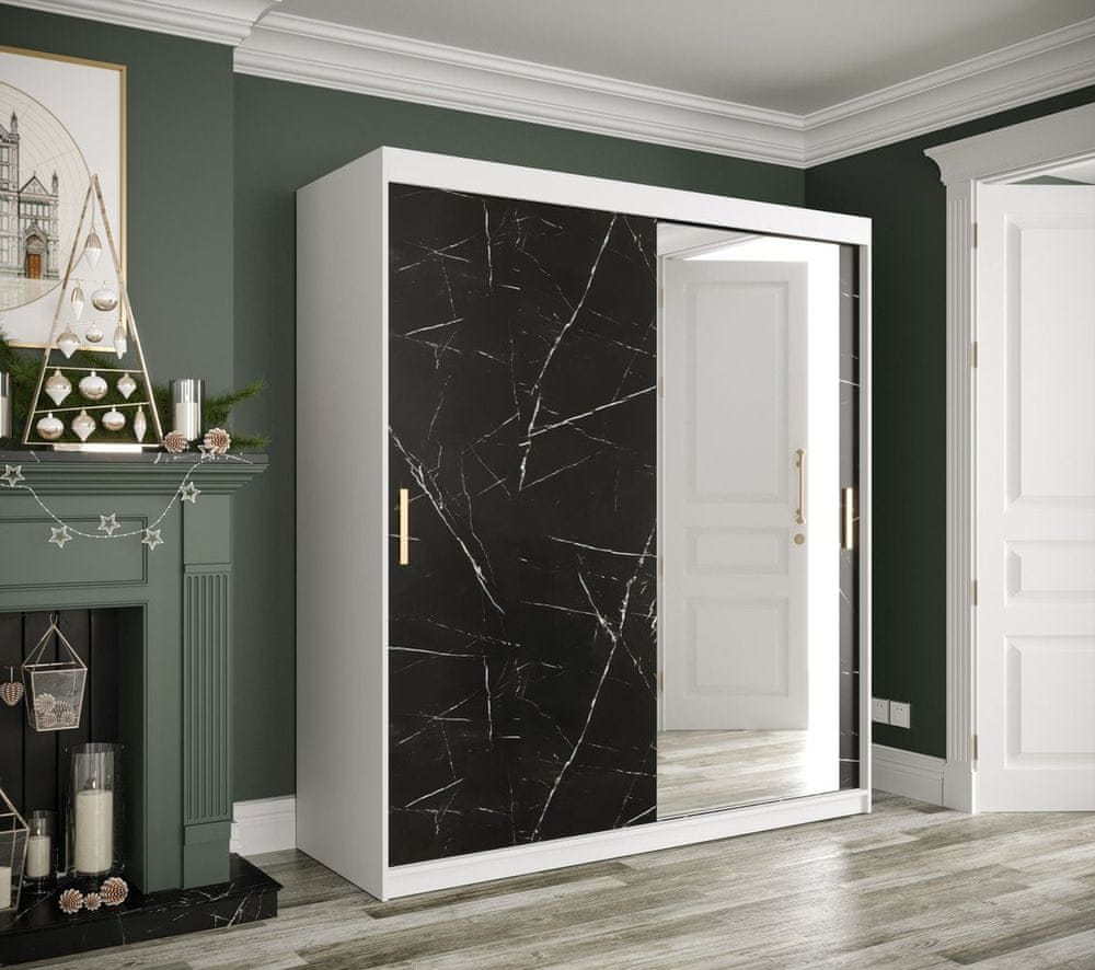Veneti Zrkadlová skriňa s posuvnými dverami MAREILLE 3 - šírka 180 cm, biela / čierny mramor