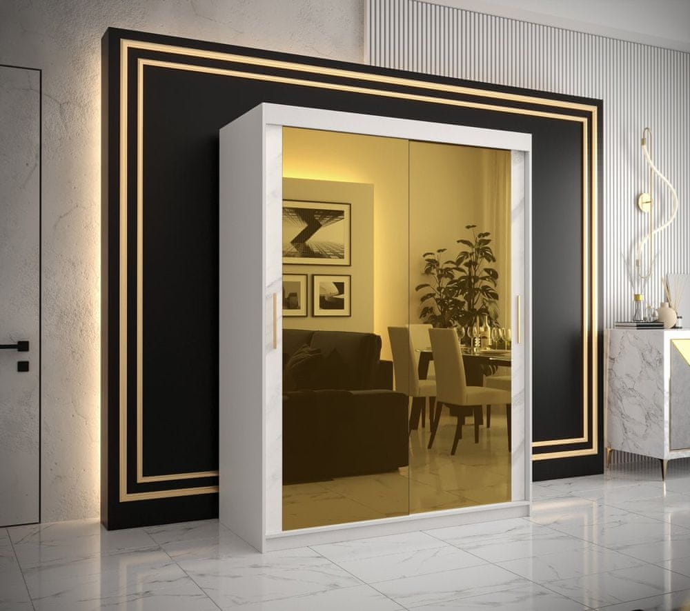 Veneti Dizajnová šatníková skriňa so zlatým zrkadlom MADLA 3 - šírka 150 cm, biela