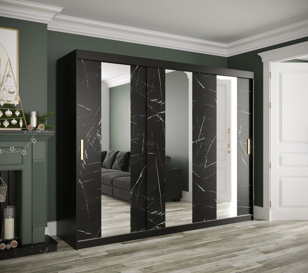 Veneti Šatníková skriňa s posuvnými dverami a zrkadlami MAREILLE 4 - šírka 250 cm, čierna / čierny mramor
